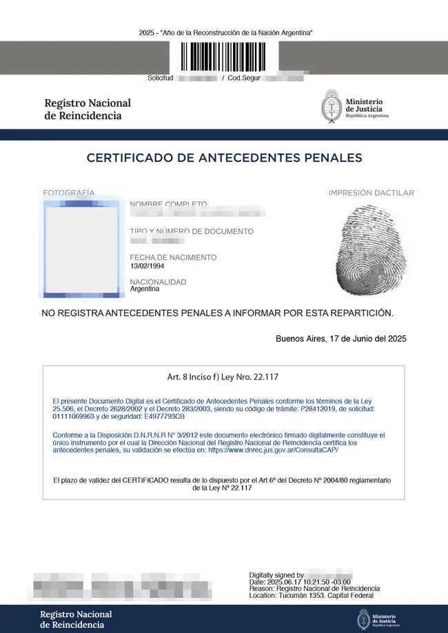 Certificado de Antecedentes Penales - Argentina