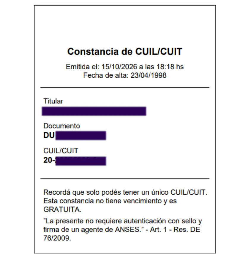 Constancia de CUIL - Argentina